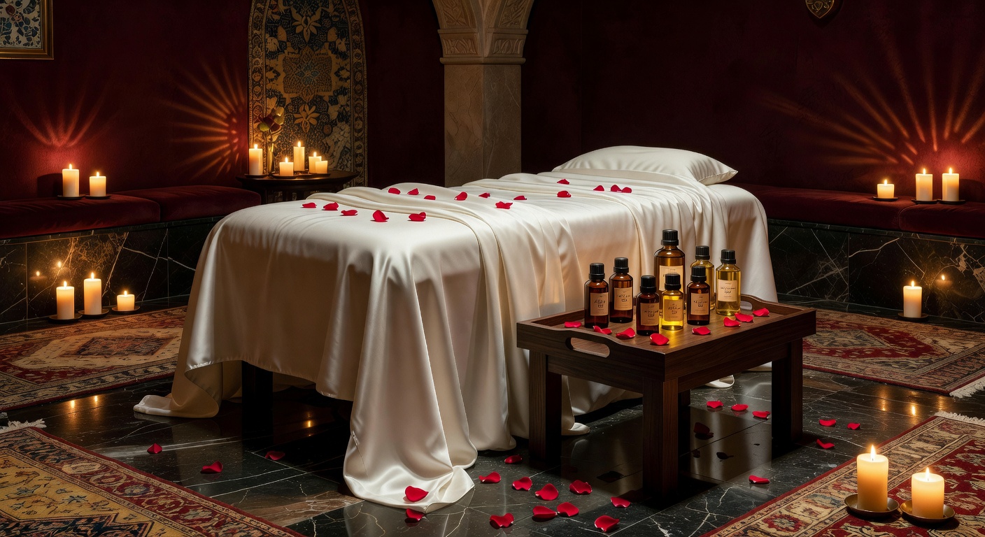Nuru massage room in Istanbul — candles, oil bottles, silk linen